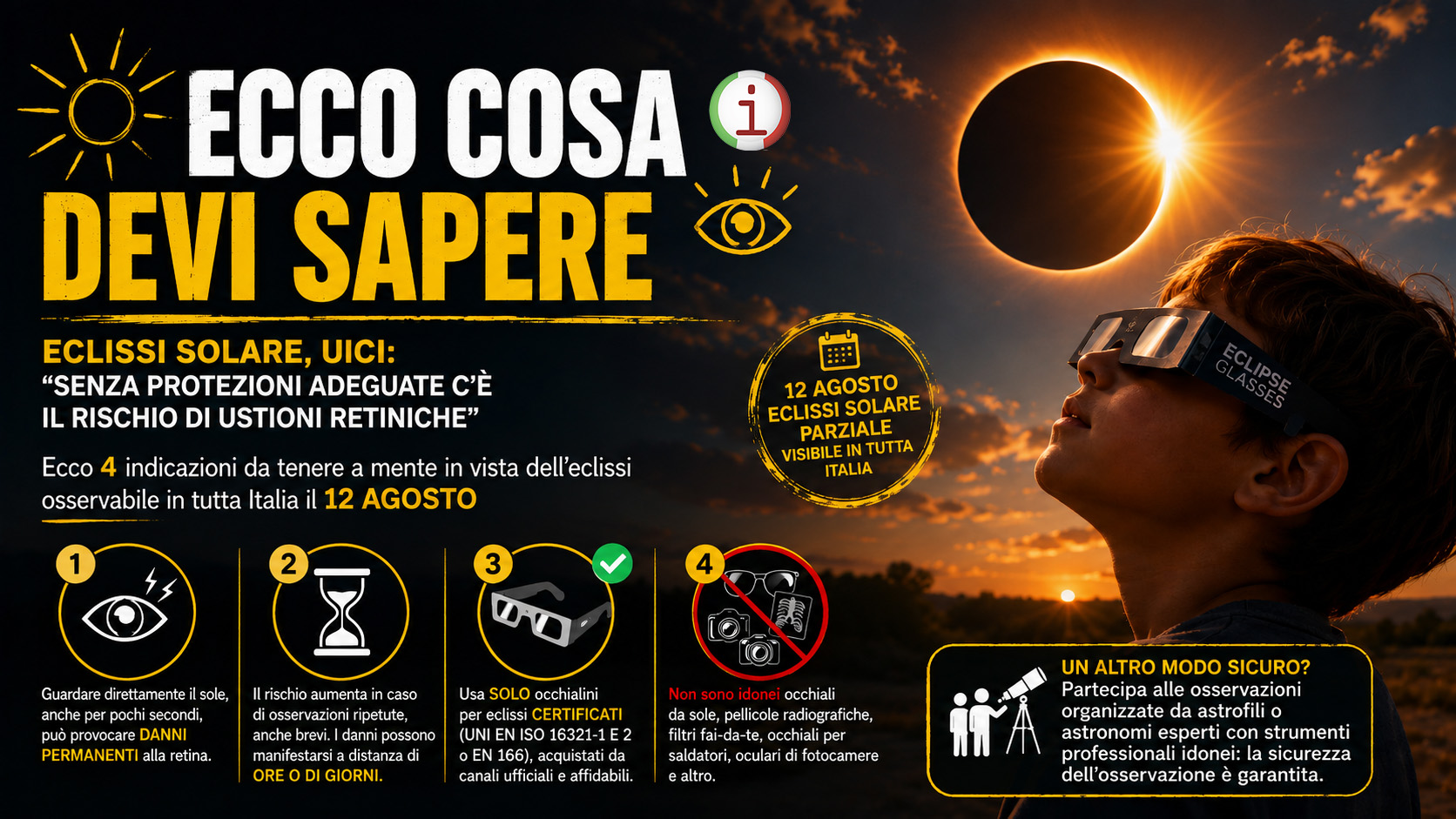 Eclissi solare, Uici: “Senza protezioni adeguate c’è il rischio di ustioni retiniche”