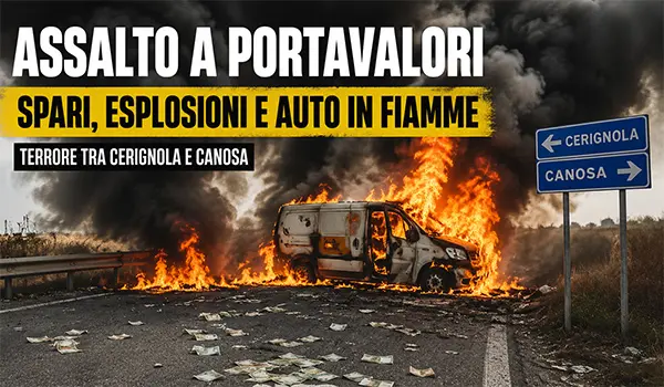 Assalto a un portavalori tra Cerignola e Canosa: esplosioni, spari e auto incendiate, banditi in fuga con il bottino