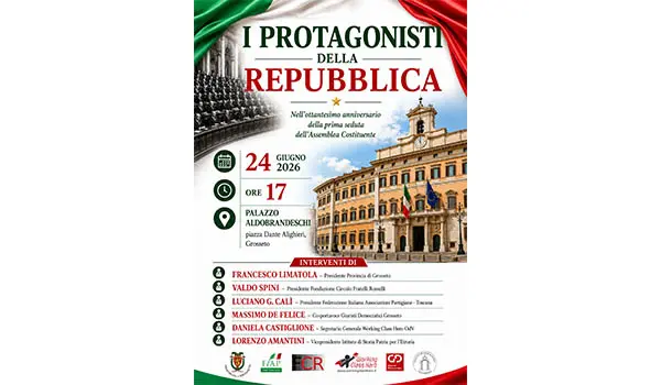 “I protagonisti della Repubblica”, evento istituzionale mercoledì 24 giugno, ore 17, Palazzo Aldobrandeschi, piazza Dante Alighieri