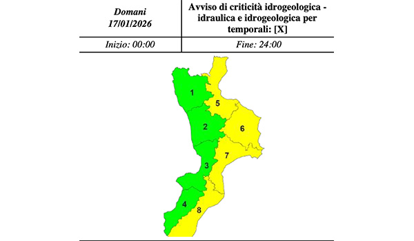 Allerta meteo Calabria: criticità gialla per temporali e rischio idrogeologico il 17 gennaio