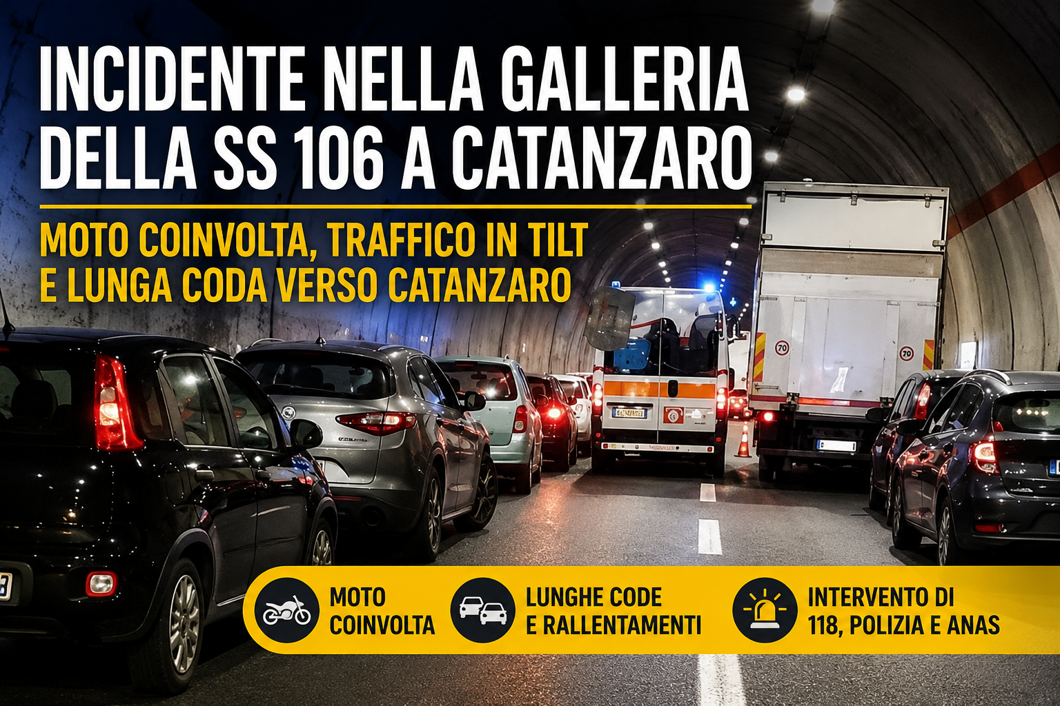 Incidente nella galleria della SS 106 a Catanzaro: moto coinvolta, traffico paralizzato verso il centro città