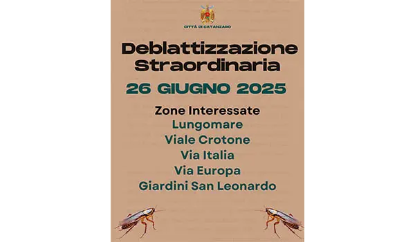 Catanzaro, al via oggi la deblattizzazione straordinaria: ecco il calendario degli interventi