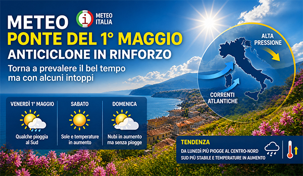 Meteo ponte 1° maggio: anticiclone in rinforzo, torna il sole ma con qualche disturbo