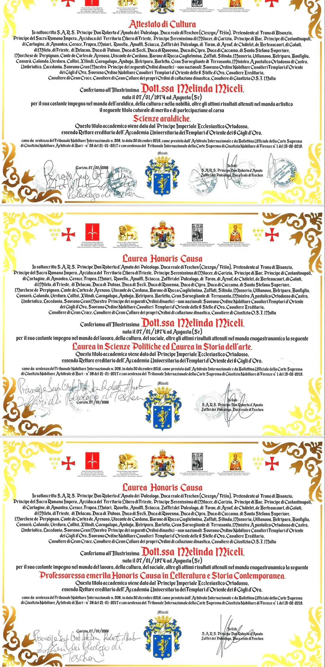 Epopea Templare, riconoscimenti araldici elaurea honoris causa al nuovo capolavoro della Scrittrice Melinda Miceli 