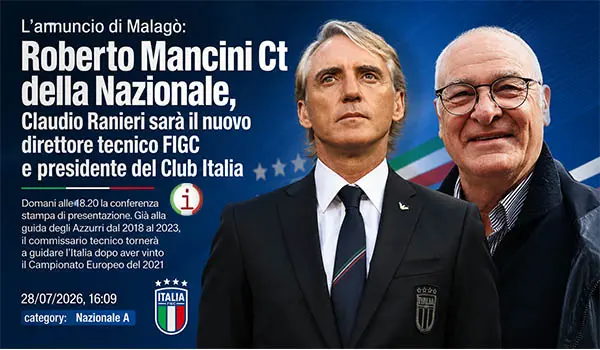 Roberto Mancini torna Ct dell'Italia: la FIGC riparte con Ranieri direttore tecnico e presidente del Club Italia