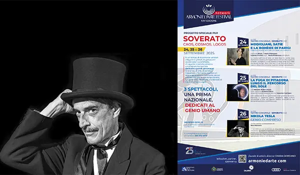 Il network di Armonie d’Arte ancora a Soverato con tre date di teatro contemporaneo dedicate al genio creativo di Modigliani, Pitagora e Tesla