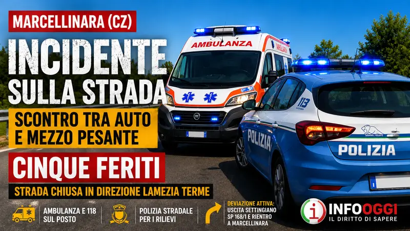 Incidente sulla SS 280 a Marcellinara, scontro tra auto e mezzo pesante: cinque feriti