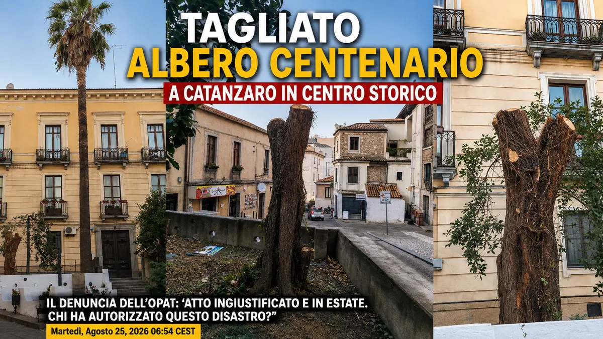 Tagliato albero centenario a Catanzaro in centro storico