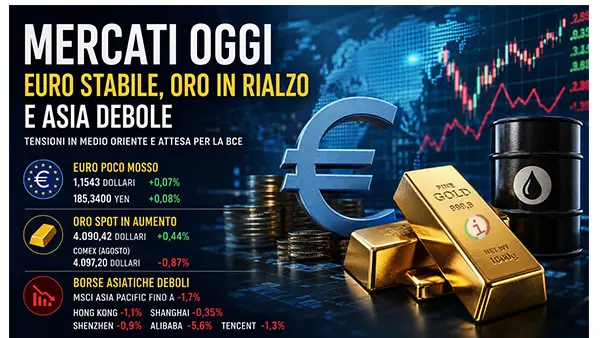 Mercati oggi, euro stabile sul dollaro mentre oro e Borse asiatiche risentono delle tensioni globali