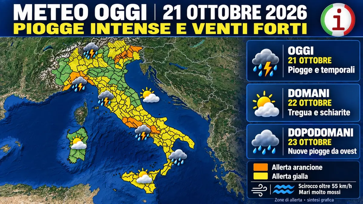 Meteo 21 ottobre 2026 piogge intense e Scirocco poi una tregua prima del nuovo peggioramento