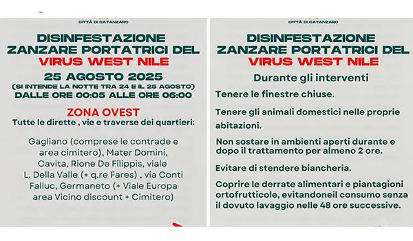 Disinfestazione zanzare West Nile a Catanzaro: intervento nella notte tra il 24 e il 25 agosto 2025