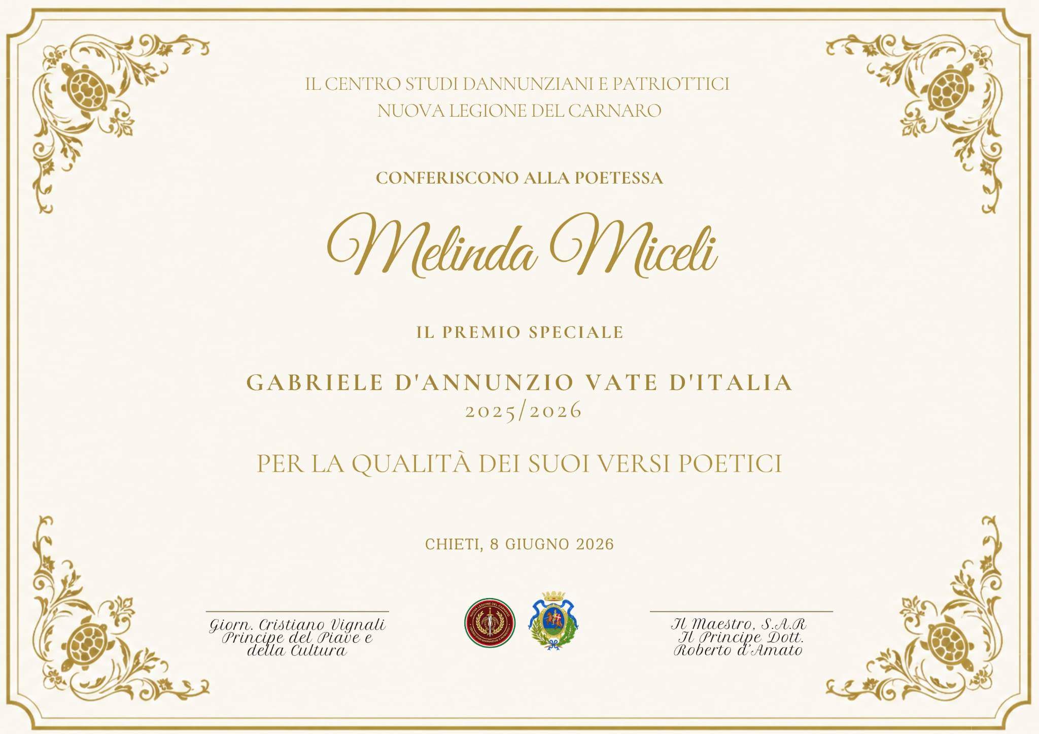 Premio D'Annunzio Vate d'Italia a Melinda Miceli 