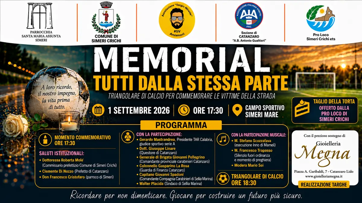 Simeri Crichi, nel ricordo delle vittime della strada: il 1° settembre il Memorial “Tutti dalla Stessa Parte” .