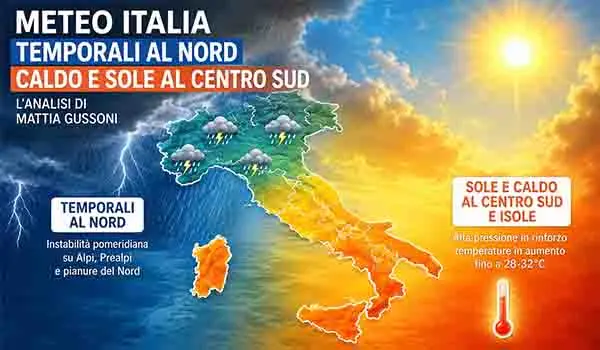 Meteo Italia, temporali al Nord e caldo in aumento al Centro Sud