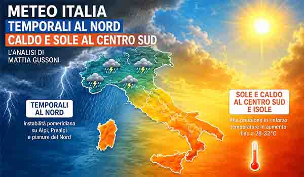 Meteo Italia, temporali al Nord e caldo in aumento al Centro Sud