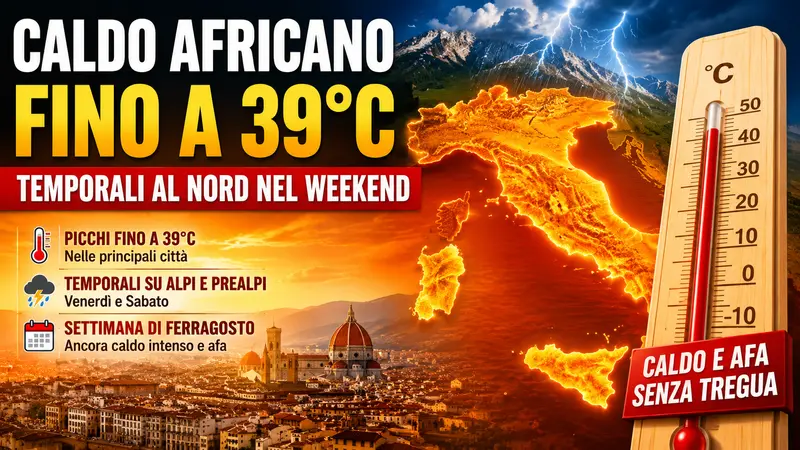Meteo Italia, caldo africano senza tregua: picchi fino a 39°C e temporali al Nord nel weekend