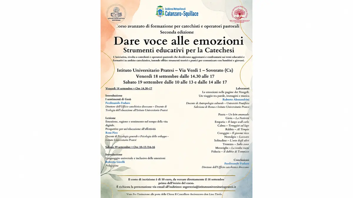 L’Ufficio Catechistico dell’Arcidiocesi di Catanzaro-Squillace e l’Istituto Universitario Pratesi presentano la seconda edizione del corso “Dare voce alle emozioni”