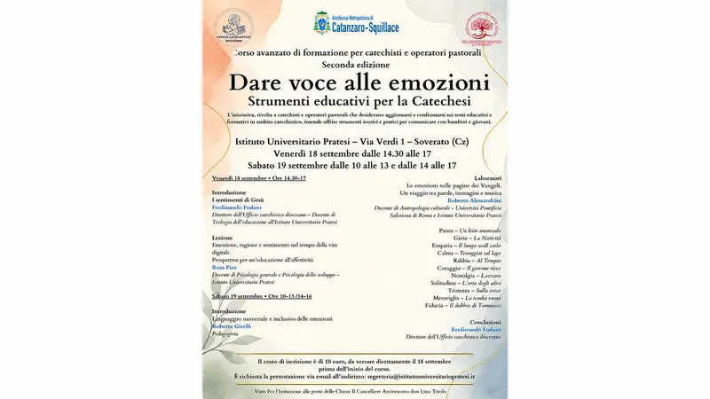 L’Ufficio Catechistico dell’Arcidiocesi di Catanzaro-Squillace e l’Istituto Universitario Pratesi presentano la seconda edizione del corso “Dare voce alle emozioni”