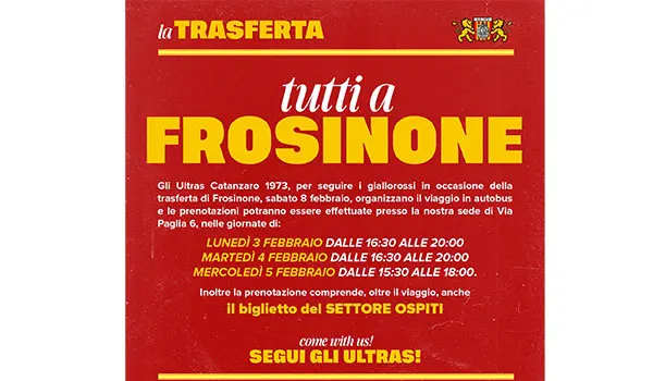 Tutti a Frosinone! I Giallorossi pronti alla trasferta: gli Ultras UC73 chiamano a raccolta i tifosi 