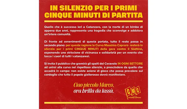Catanzaro-Sudtirol: silenzio per i primi cinque minuti in memoria del piccolo Marco