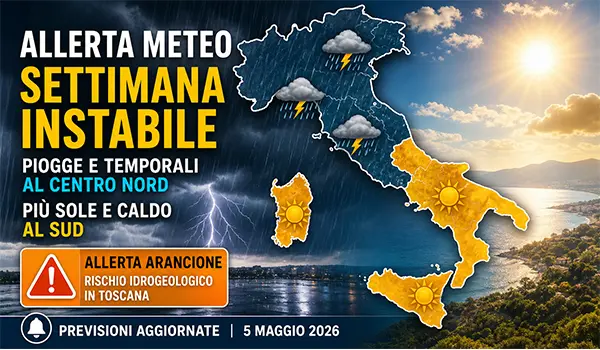 Allerta meteo Italia: settimana instabile con piogge e temporali al Centro Nord, più sole e caldo al Sud