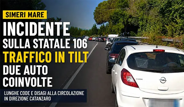 Incidente sulla Statale 106 a Simeri Mare, scontro tra due auto e lunghe code verso Catanzaro