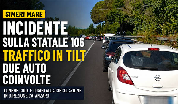Incidente sulla Statale 106 a Simeri Mare, scontro tra due auto e lunghe code verso Catanzaro