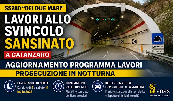 SS280 Due Mari, lavori nella galleria Sansinato: cambia il programma, cantieri solo di notte fino all’11 luglio