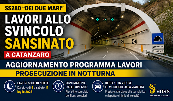 SS280 Due Mari, lavori nella galleria Sansinato: cambia il programma, cantieri solo di notte fino all’11 luglio