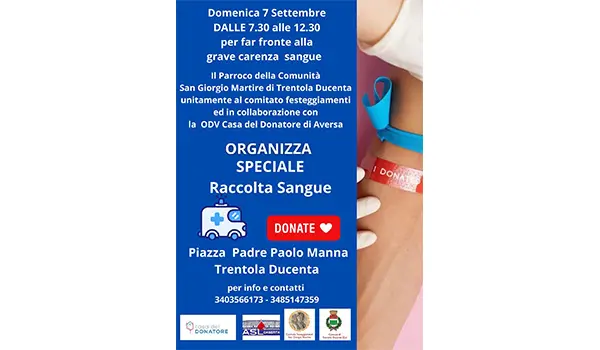 Raccolta sangue a Trentola Ducenta: appuntamento al 7 settembre, a partire dalle ore 7:30, in piazza Padre Paolo Manna