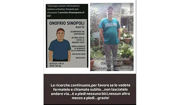 Salviamo Onofrio Sinopoli: scomparso nel nulla, chiunque lo veda chiami il 112