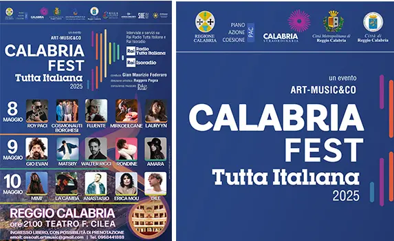 Tutto pronto per il “Calabria Fest Tutta Italiana 2025”, il Festival della Nuova musica d’autore al Teatro Cilea di Reggio Calabria,  Media partner rai, tre serate ad ingresso libero con 15 artisti 