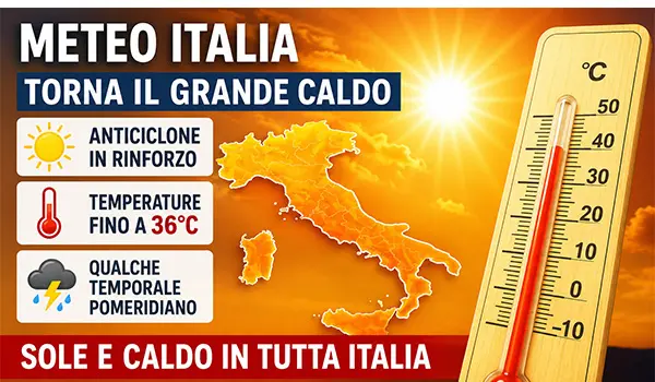 Meteo Italia, torna il grande caldo: anticiclone in rinforzo e temperature fino a 36°C