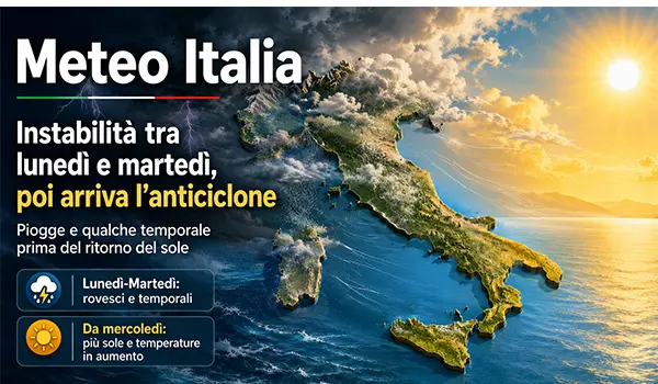 Meteo Italia, nuova fase instabile tra lunedì e martedì: piogge e temporali prima del ritorno dell’anticiclone