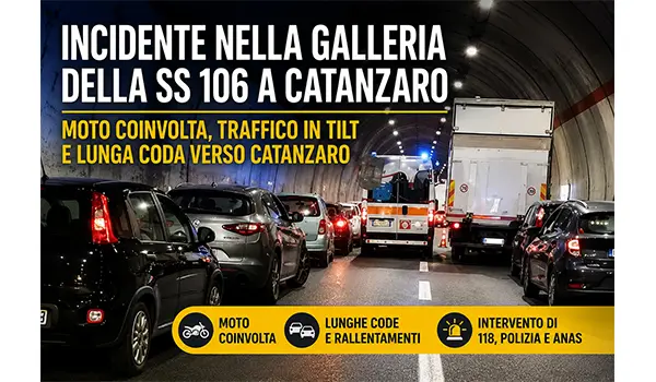Incidente nella galleria della SS 106 a Catanzaro: moto coinvolta, traffico paralizzato verso il centro città