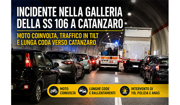 Incidente nella galleria della SS 106 a Catanzaro: moto coinvolta, traffico paralizzato verso il centro città