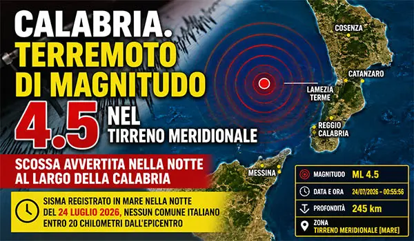 Calabria. Terremoto di magnitudo 4.5 nel Tirreno Meridionale