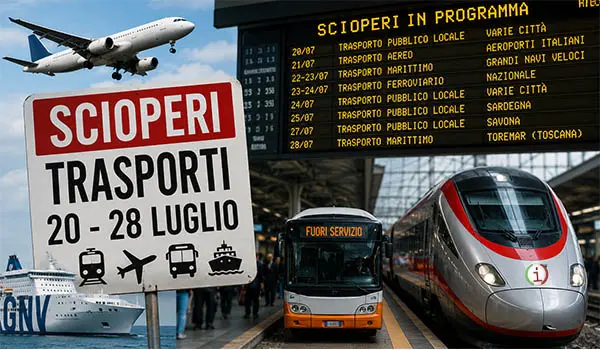 Scioperi trasporti dal 20 al 28 luglio: treni, aerei, autobus e traghetti, il calendario completo dei disagi