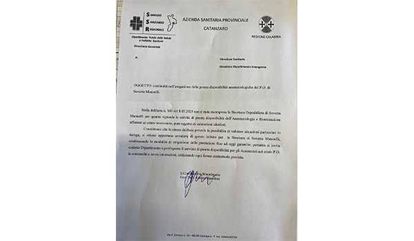 Ospedale del Reventino, Talerico: Nessuna sospensione del servizio di anestesia. 