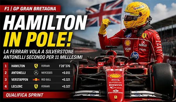 F1, Ferrari protagonista a Silverstone: Hamilton conquista la pole Sprint davanti ad Antonelli