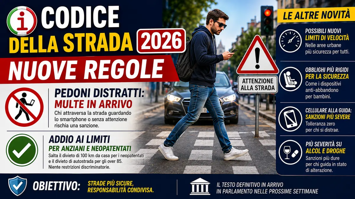 Codice della strada 2026: nuove regole per pedoni distratti e addio ai limiti per anziani
