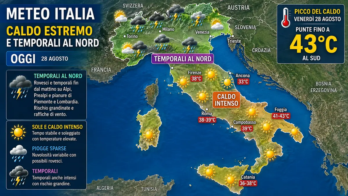 Meteo Italia, caldo estremo fino a 43 gradi al Sud e forti temporali al Nord