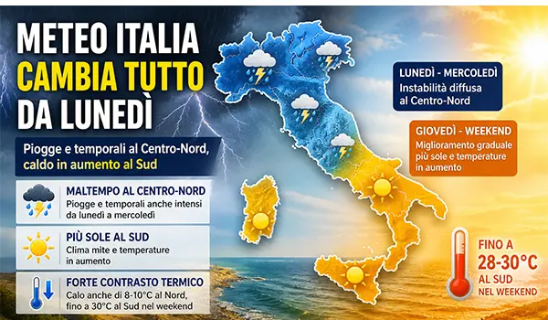 Meteo Italia: torna il maltempo da lunedì, piogge e temporali al Centro Nord, caldo al Sud