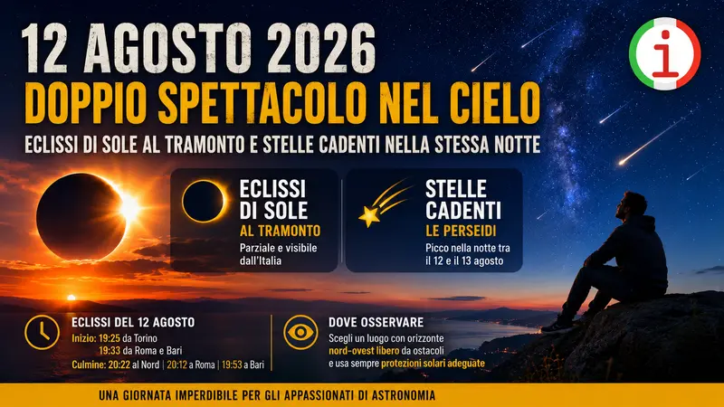 Eclissi di Sole e stelle cadenti il 12 agosto 2026: doppio spettacolo nel cielo italiano