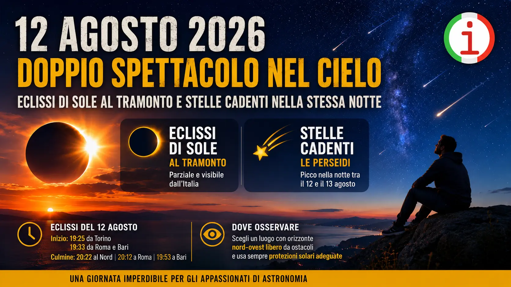 Eclissi di Sole e stelle cadenti il 12 agosto 2026: doppio spettacolo nel cielo italiano