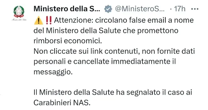 Nuova truffa via mail a nome del Ministero della Salute: falsa promessa di rimborso da 234 euro