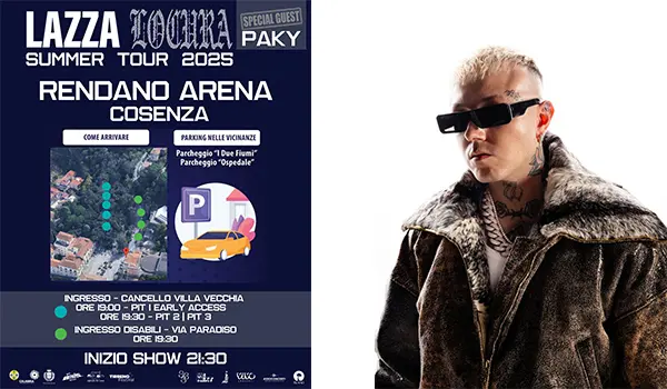 Cresce l’attesa l’arrivo il 26 luglio a Cosenza di Lazza. Opening act di Paky. Il concerto si terrà alla Rendano Arena