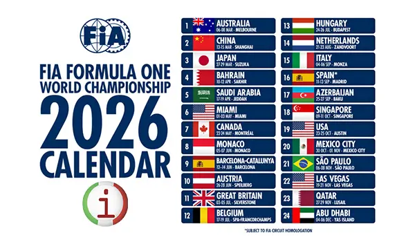 Calendario Formula 1 2026: date, circuiti e orari TV di tutti i Gran Premi
