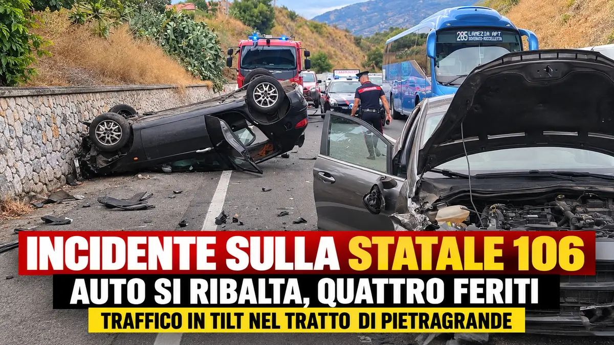 Incidente sulla SS106 a Pietragrande, auto si ribalta dopo lo scontro 4 feriti