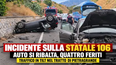 Incidente sulla SS106 a Pietragrande, auto si ribalta dopo lo scontro 4 feriti